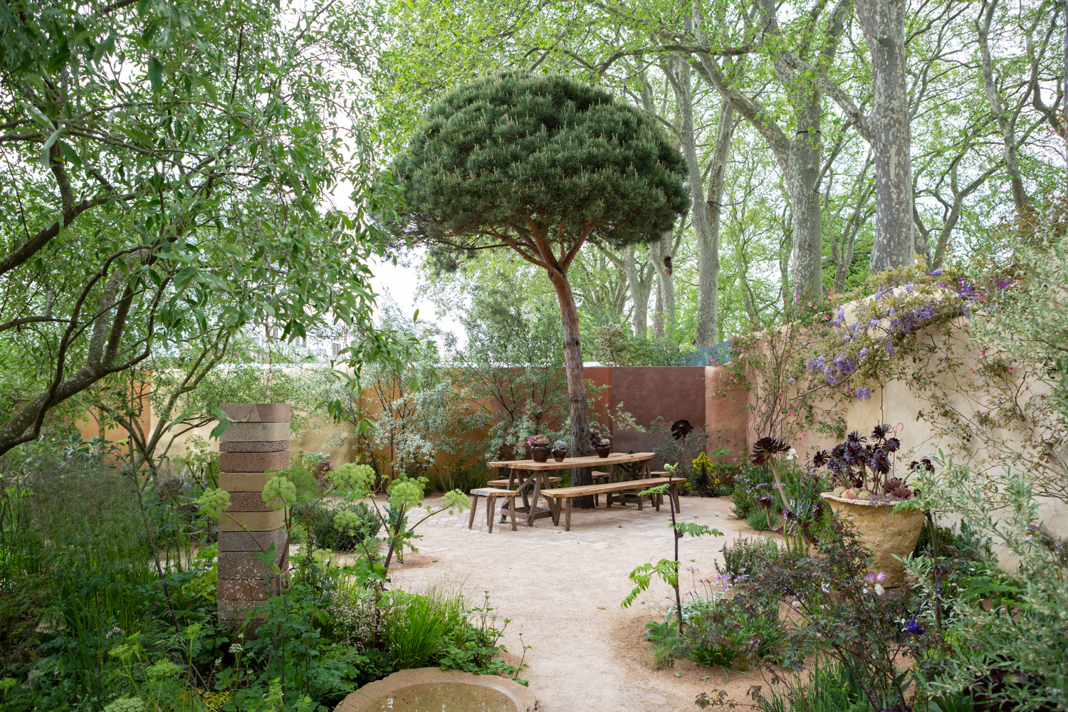 RHS Chelsea Flower Show 2023, photographed by Jayne Lloyd for The English Garden Magazine. Photograph of The Nurture Landscapes Garden, designed by Sarah Price, showing a leafy garden with a tall tree in the centre and a wooden table and stools beneath, topped with potted plants, soft brown walls around with plants around the edges and a stack of bricks in the foreground.