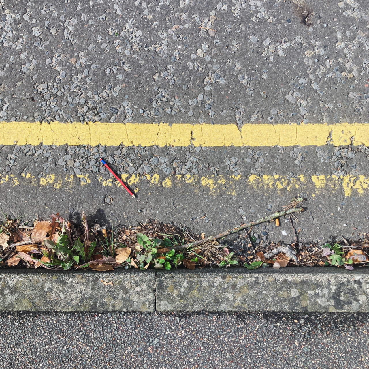 Photograph looking down at the gutter at the side of the road with the curb at the bottom of the frame, a painted double yellow line at the top of the frame and a red pencil in the centre of the frame.