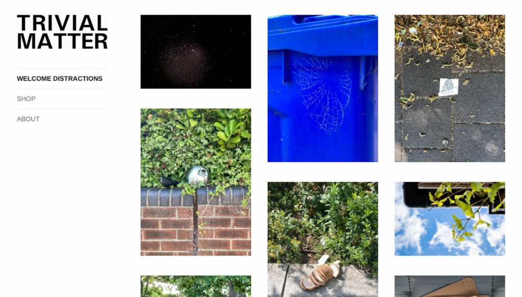 Screenshot of the TRIVIAL MATTER homepage, with 'TRIVIAL MATTER, WELCOME DISTRATIONS, SHOP, ABOUT' to the left and images of stars in a night sky, a blue bin with a sandy cobweb, a piece of paper with a drawing of the Gherkin on a pavement, a battered kettle on a wall with foliage behind, a white sliced loaf of bread on a wall with plants behind and a grape vine with a gutter and blue sky above.