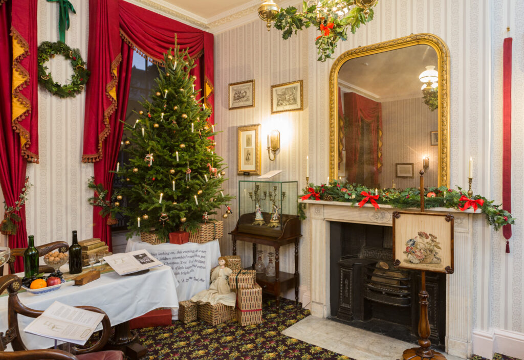 The Charles Dickens Museum decorated for Christmas.